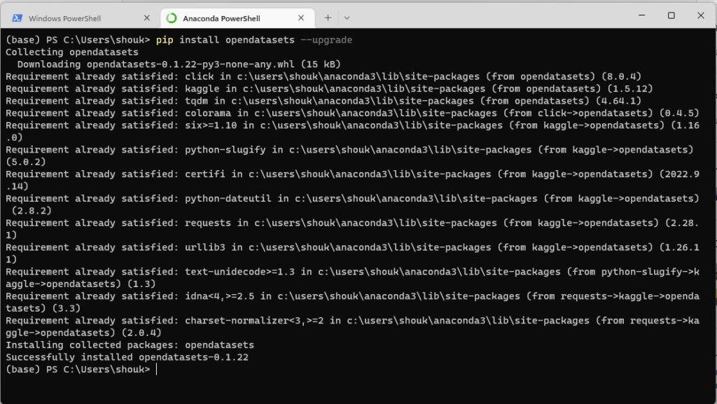 Installation process of Python opendatasets package